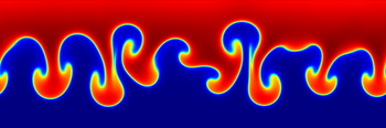Example 1: instability induced mixing process of a two component fluid simulated using the Lattice Boltzmann method
