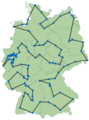 Eine Deutschlandkarte mit einer Rundreise durch einige große Städte.