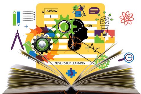 Ein aufgeschlagenes Buch mit vielen verschiedenen Themenbereichen und dem Slogan "never stop learning"