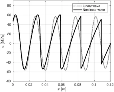 Picture (left) shows a direct comparison between a classical/linear wave propagation and a nonlinear one (Westervelt's equation)