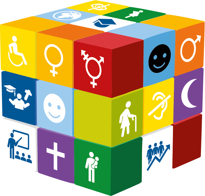 Farbcodierter Würfel mit Diversity-Symbolen