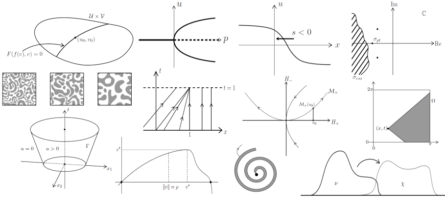 Skizzen zu einigen Konzepten und Methoden der PDE: implizite Funktion, Bifurkation, Welle, Spektrum, Vergröberung, Shock, invariante Mannigfaltigkeiten, Lichtkegel, freier Rand, Bergpass-Theorem, Spiralwelle/Muster, optimaler Transport. Abbildung: Christian Kühn