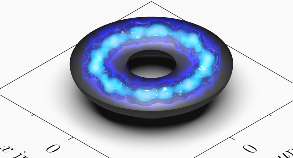 Quantenwissenschaft: Darstellung vom Laden einer torusförmigen Potenzialfalle mit einem Elektron. Die schwarze Fläche stellt das externe Potenzial dar, die atomare Dichte ist blau visualisiert.