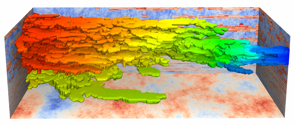 Numerik: Ausbreitung einer Wasserfront in einem heterogenen porösen Medium.