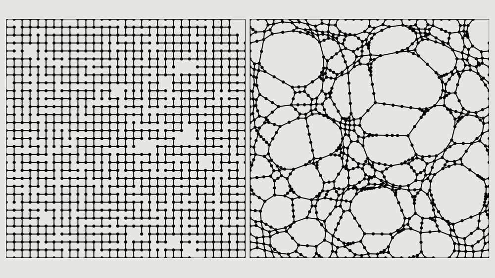 Stochastik: Ein Teil eines unendlichen Perkolations-Clusters, rechts in harmonischen Koordinaten.